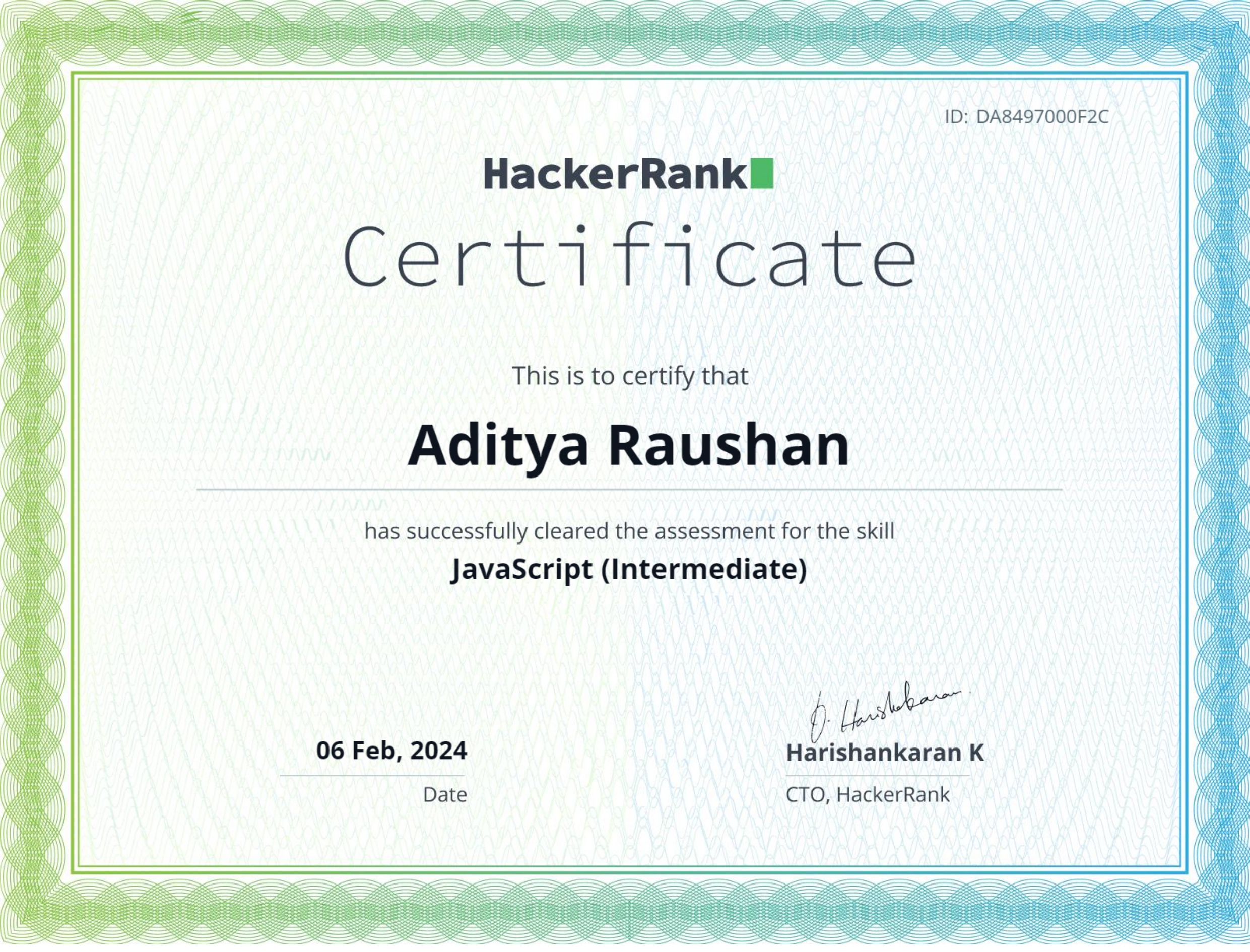 Javascript intermediate HackerRank certificate